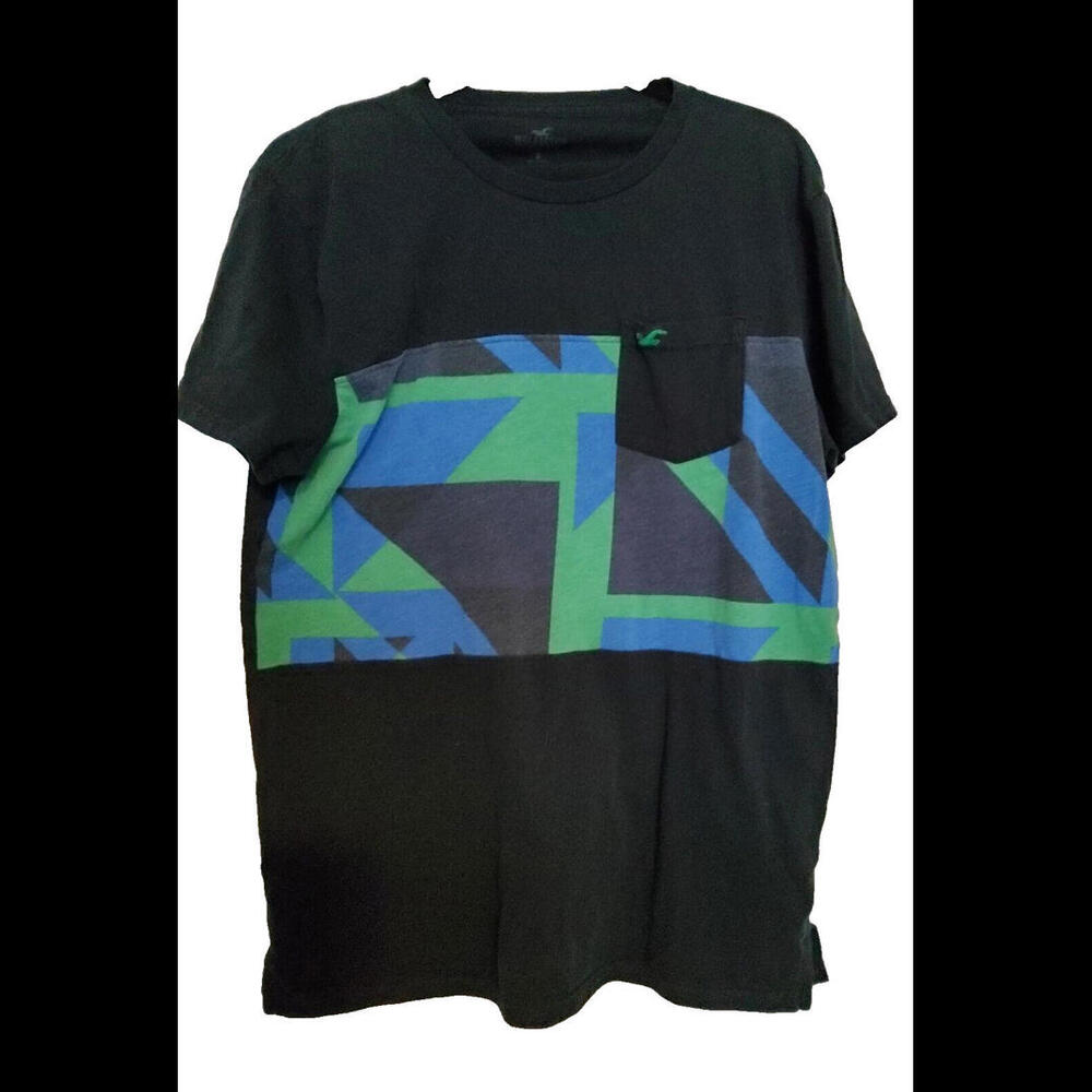 Hollister Men's Graphic Print T-Shirt Blue Green Logo Pocket Small